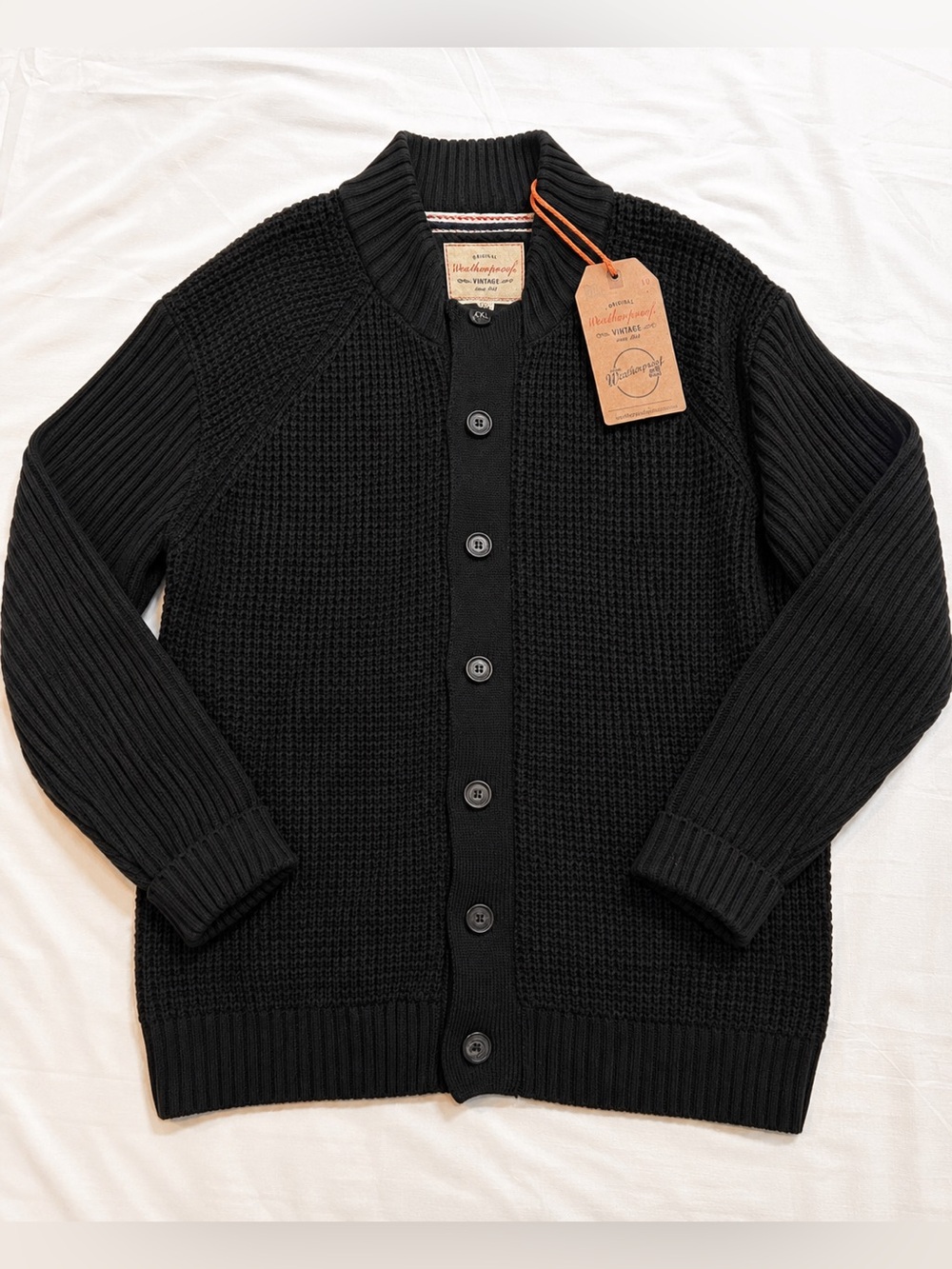 Weatherproof Vintage Men’s XXL Black Waffle Knit Button Cardigan Sweater NWT
